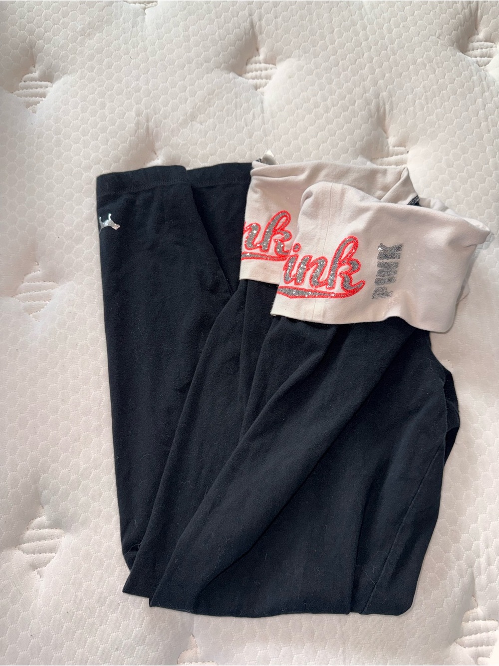 108. PINK Victoria's Secret Black Leggings with Fold-Over White Waistband Y2K - Picture 5 of 5
